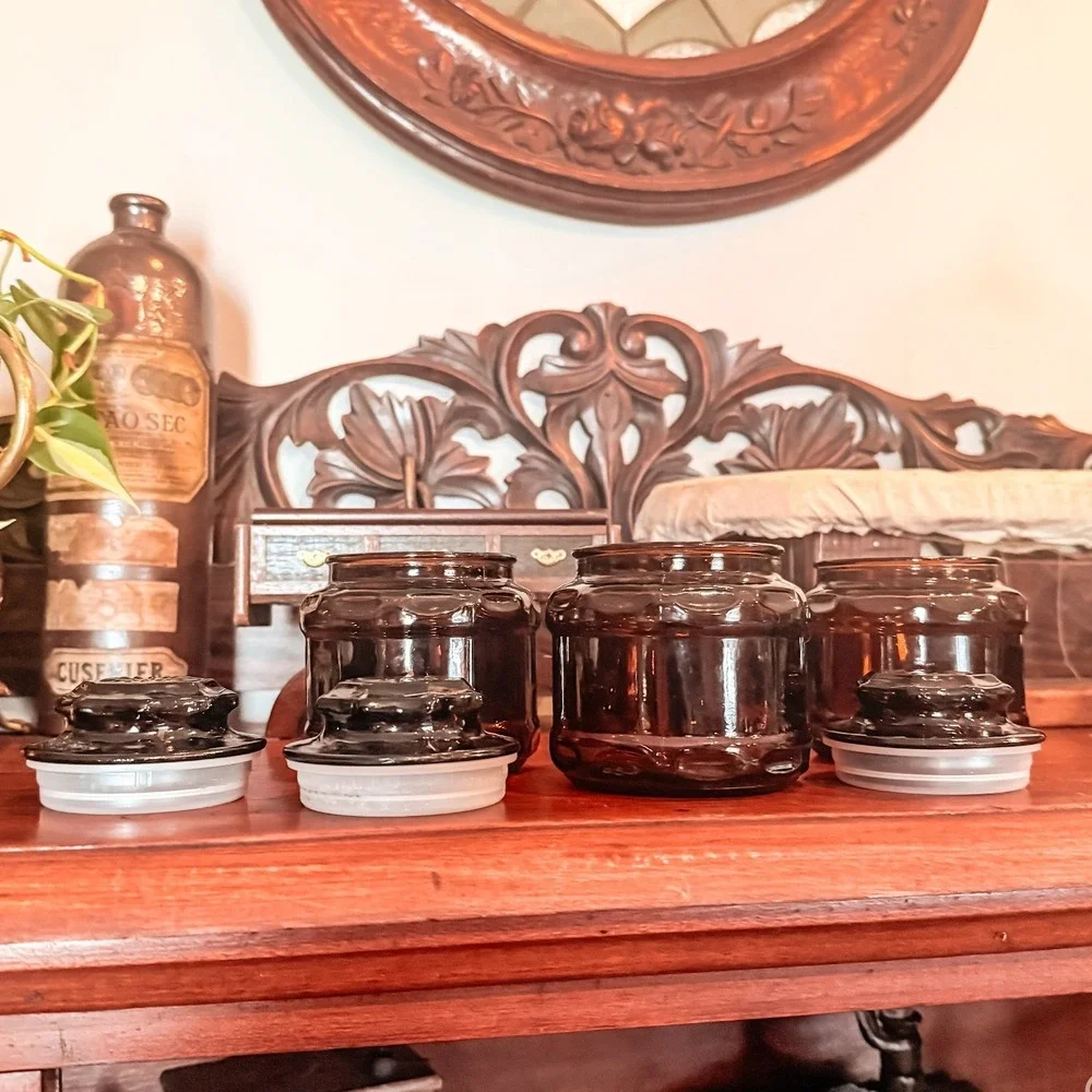 Vintage Amber Brown Glass Apothecary Jar Canisters with  Matching Lid